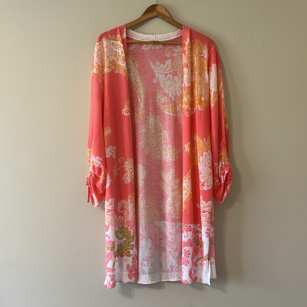 Chico’s Longline Cardigan Pastel Paisley Size 2 US Large Open Front Cotton Blend
